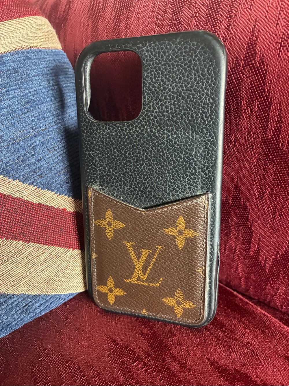 Louis Vuitton Black Leather Phone Case with Brown Monogram Card Pocket